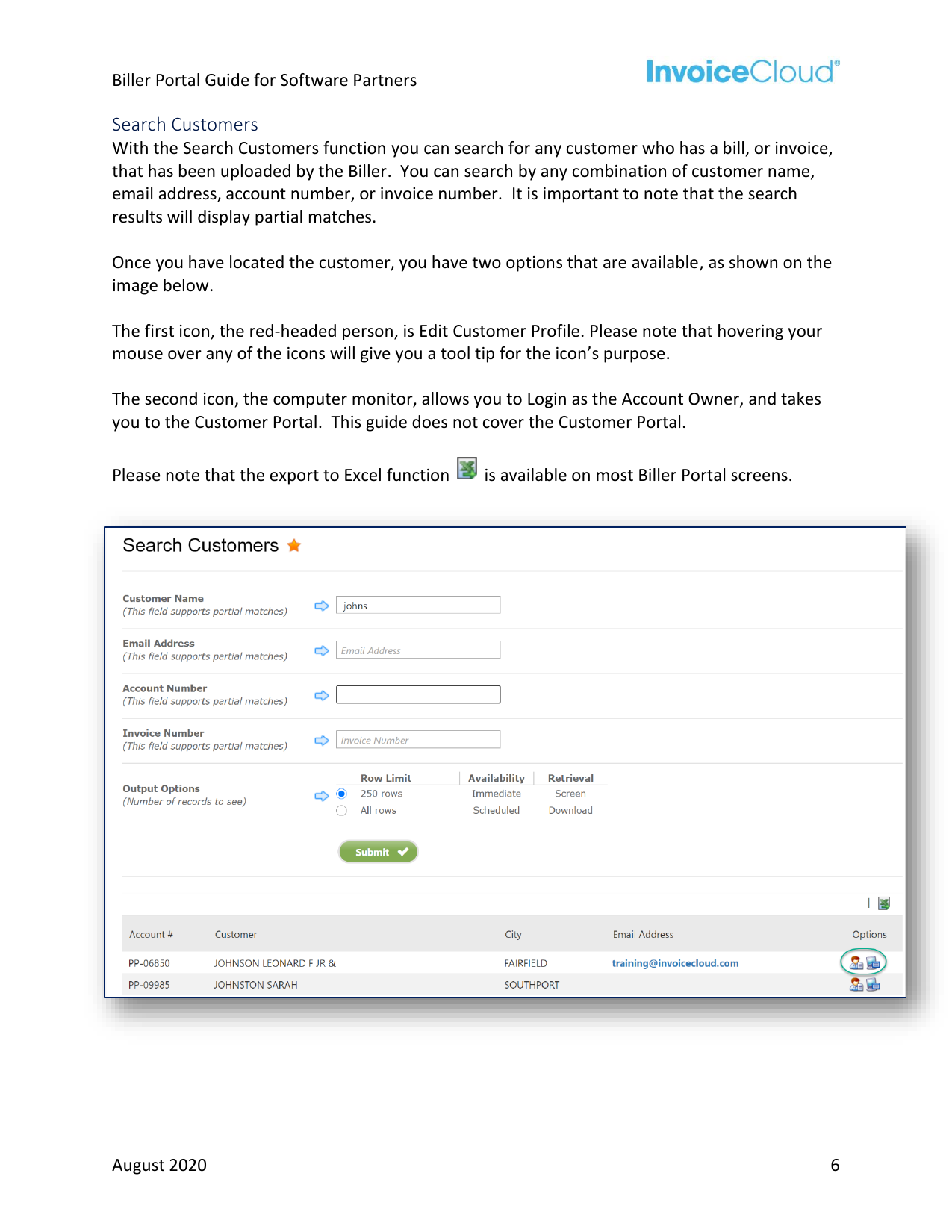 Excerpt page two: customer search and interface documentation with annotated screenshots.