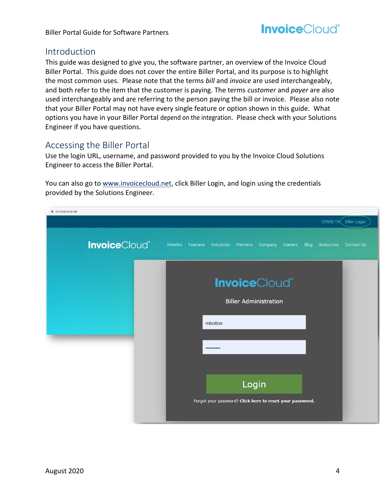 First page of the curated portfolio excerpt from the Biller Portal Guide for Software Partners