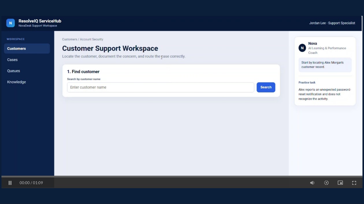 NovaDesk customer-support software interface with a customer search form and Nova support panel