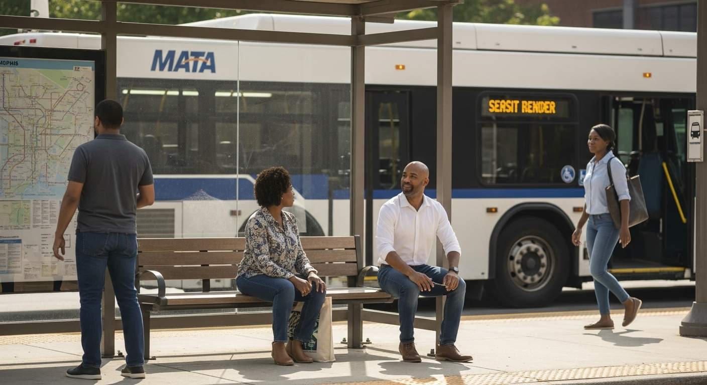 Opening cover image from the Memphis public transportation course, showing two riders waiting at a MATA bus stop