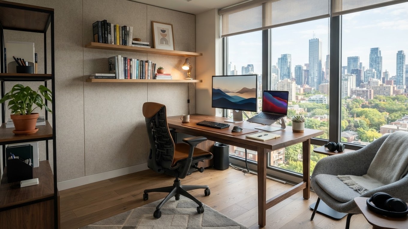 Bright office workspace with a desk, monitor, and city view used as the setting for the Customer De-escalation scenario