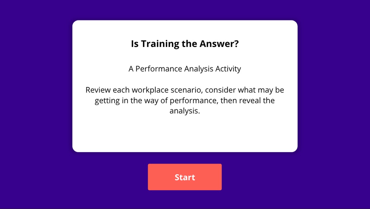 Opening title screen of the Is Training the Answer? activity, showing the title, subtitle, and Start button on a deep purple background