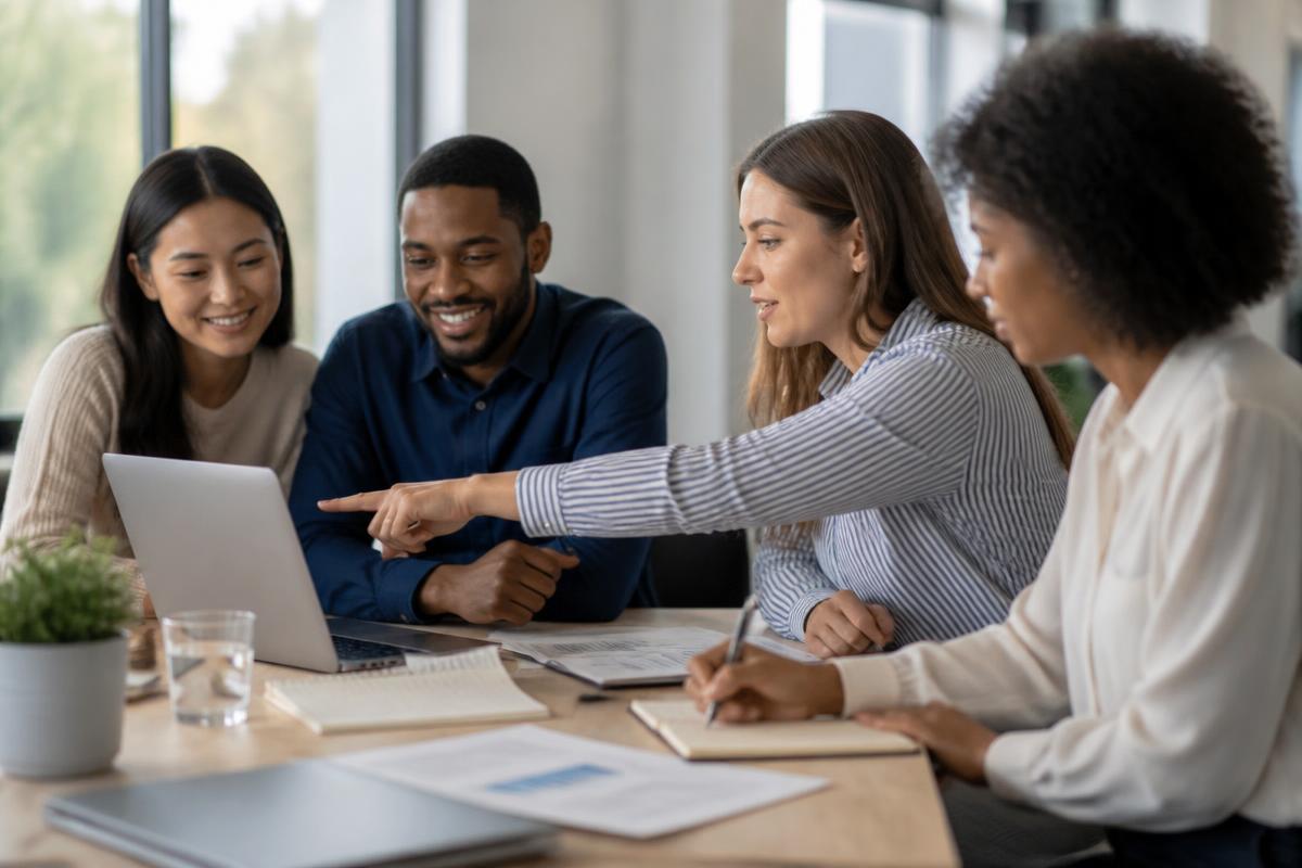 Photograph of diverse professionals collaborating around a laptop during onboarding or training, with one person pointing at the screen and another taking notes